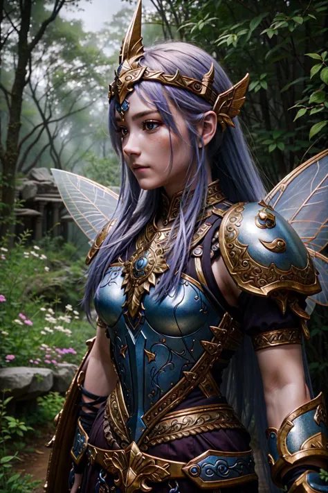 "photo of a beautiful fairy warrior with ornate armour, highly detailed, 4k, HDR, award-winning photo"