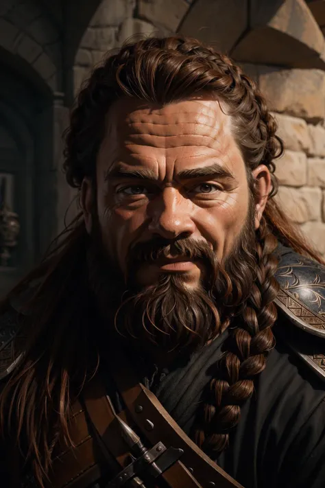 "dwarf with orangebrown braided beard, short, rough, armor focus on face, still, photograph, digital painting, highly realistic, details, trending on artstation, masterpiece, fantasy, medieval"