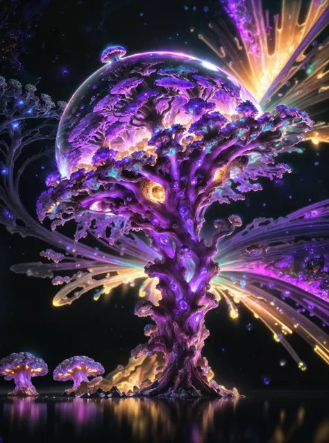 cyberbrain,tree,cybermushroom,galaxy,mandelbulb,fractals space,glow,blue purple lava,siler,bronze,glass, masterpiece, best quality, hyperrealistic,highly detailed,intricate,cinematic,dramatic light,photorealistic,4k, (by mandelbrot), diamond dust bokeh, (by beeple)