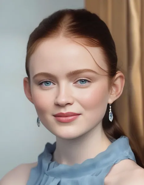 SadieSink,<lora:SadieSinkSDXL:1> The image is a close-up portrait of a woman with striking features. She has fair skin, high cheekbones, and a warm, inviting smile that reveals pearly white teeth. Her bright blue eyes are the centerpiece of the image, giving a sense of depth and vitality. Her hair is styled in a casual manner with some strands elegantly framing her face. She wears a black top with a hint of lace detail, suggesting a blend of comfort and sophistication. The lighting in the photo highlights her facial features and complements her complexion, adding to the overall allure and friendly aura of the image.