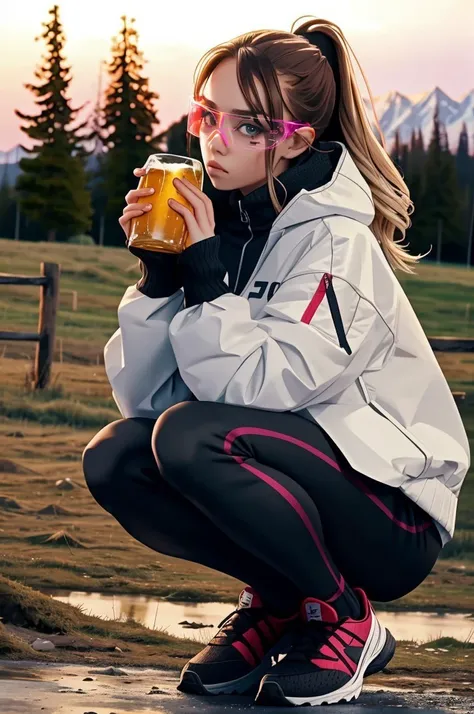 picture of girl in sportswear squatting holding beer rural area at background
<lora:cyber_glasses:0.6> cyber_glasses, masterpiece, best quality, high quality, highres, ultra-detailed