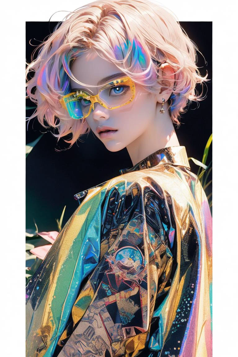 masterpiece, 8k, ultra detailed, 1girl, girl with harajuku fashion, buzz cut hair, plump, transparent color PVC clothing, transparent color vinyl clothing, prismatic, holographic, chromatic aberration, fashion illustration, looking at viewer, beautiful eyes,, pixiv,upper body, <lora:cyber_glasses:0.5> cyber_glasses <lora:kapaiV2:0.5> Concept art, tarot cards, borders <lora:holov7:0.5> holographic, holographic clothing <lora:Painted_poster_V1-000035_1_pp:0.5> Painted poster, 1girl <lora:Nardack:0.5> nardack<lora:EF-GoodHands-beta2:0.5><lora:EF-GoodHands-beta2:0.5><lora:EF-GoodHands-beta2:0.5><lora:EF-GoodHands-beta2:0.5><lora:EF-GoodHands-beta2:0.5>
