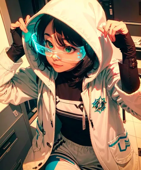 <lora:cyber_glasses:1> (green cyber_glasses:1.2),, ultra detailed, masterpiece, best quality, aesthetic, detailed,, ultra detailed, masterpiece, best quality, solo, smile, 1boy, green eyes, short hair, black hair, bangs, hair between eyes, messy hair, (goggles on head:1.2),, headband, white coat, hooded coat, hood down, open coat, turtleneck, capri pants, pants, black knee boots,