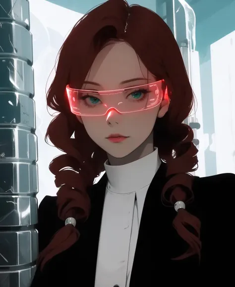 1girl, looking at viewer, cyber_glasses, glowing, upper body, <lora:cyber_glasses-07:0.8>, natural lighting, (scanlines:1.3), (Random:1.3), drill hair, dark red hair, round eye shape, green eyes, medium breasts, business outfit, glistening ice cave with icicles, alluring