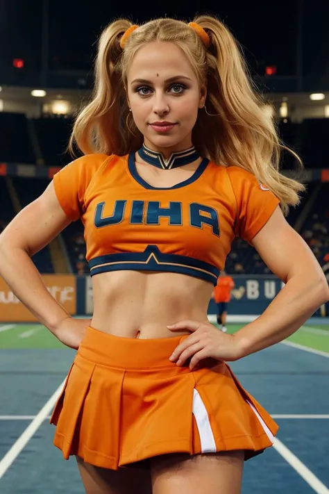 <lora:sophiaf_v2:0.8> sophiaf, blonde, blank background, <lora:UACheerleader:0.8> U.A. CheerUniform, pom pom \(cheerleading\), orange crop top, orange skirt