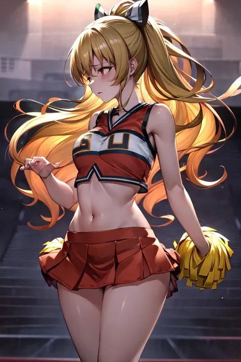 masterpiece, best quality, absurdres, perfect anatomy, 1girl, solo, ViraGB, long hair, ponytail, U.A. CheerUniform, embarrassed, pom pom \(cheerleading\)