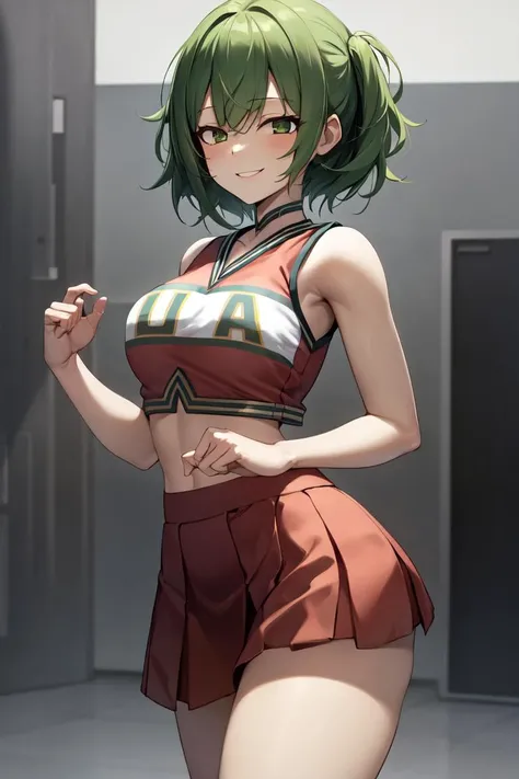 masterpiece, best quality, absurdres, perfect anatomy, 1girl, solo, green hair, medium hair, medium breasts, U.A. CheerUniform, smile