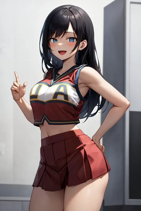 masterpiece, best quality, absurdres, perfect anatomy, 1girl, solo, black hair, blue eyes, long hair, U.A. CheerUniform, smile, :d