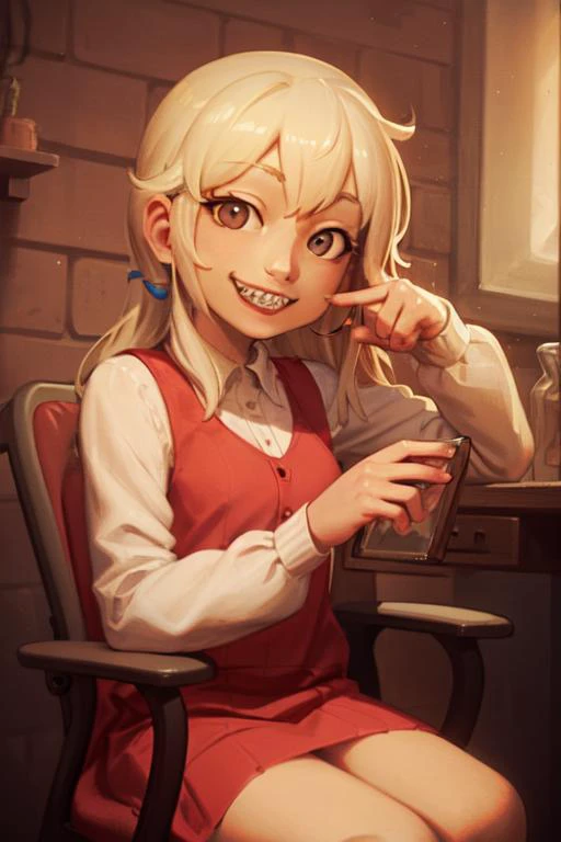 1girl, smile, braces, face, portrait, teeth, happy, sitting, on chair, <lora:concept-braces-v1:0.7>