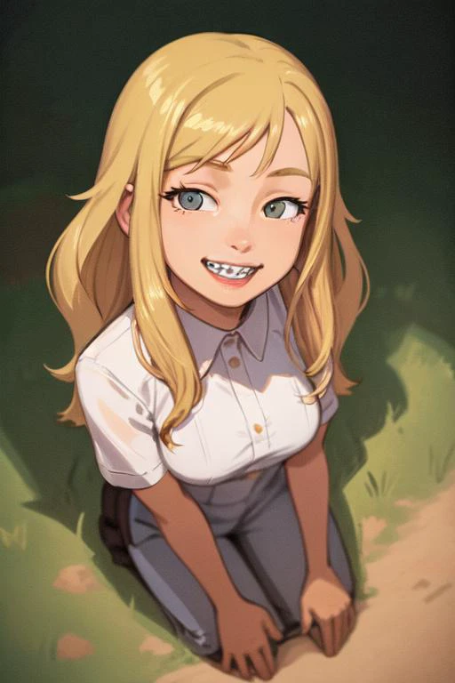 1girl, smile, braces, face, portrait, teeth, happy, kneeling, from above, <lora:concept-braces-v1:0.7>