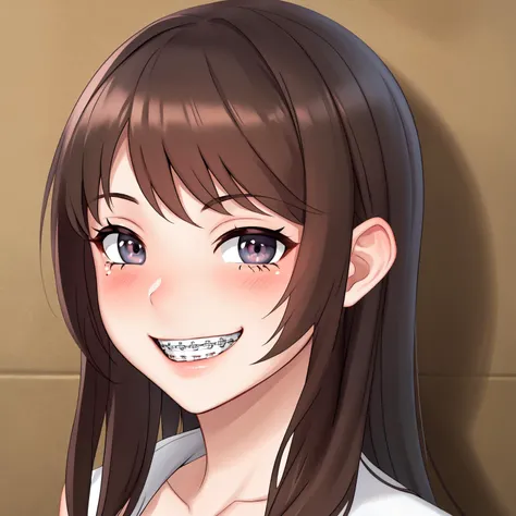 masterpiece, best quality, highres, 1girl, <lora:concept-braces-v2-000008:0.8>, braces, smile, blush, face, seductive eyes, breasts
