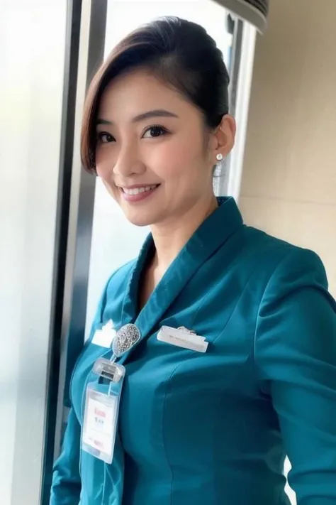 photo of a woman wearing garudaindonesia uniform, solo focus, posing for a photo, standing, (detailed face), hand on hips, half body shot <lora:garudaindonesia-10:0.8>