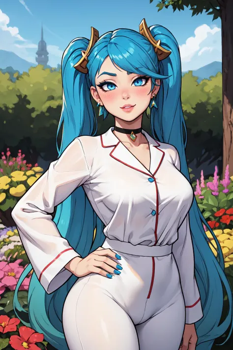 detailed eyes, 4k, high quality, super detailed face, 1girl, looking at viewer, sona \(league of legends\), earrings, skinny, narrow waist, black choker, white pajamas, hands on own hips, blue nails, blue hair, blue eyes, gradient hair, twintails, very long hair, hair ornament, smirk, :o, lips, eyeshadow, head tilt, blush, upper body, outdoors, garden, <lora:Character_League.of.Legends_Sona:0.4>