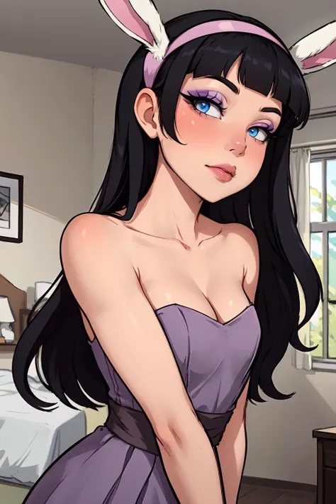 masterpiece, best quality, TrixieTang, 1girl, purple dress, strapless, bare shoulders, cleavage, purple hairband, black hair, long hair, blue eyes, standing, head back, head tilt, upper body, small breasts, looking at viewer, nose blush, egirlmakeup, eyeliner, pink lips, closed mouth, solo, indoors, bedroom, <lora:Concept_Makeup.Egirl:0.5> <lora:Character_Fairly.Odd.Parents_Trixie.Tang:0.6>  <lora:Concept_Pose.Bunny:0.8> bpv1, bunny pose, 1girl, upper body