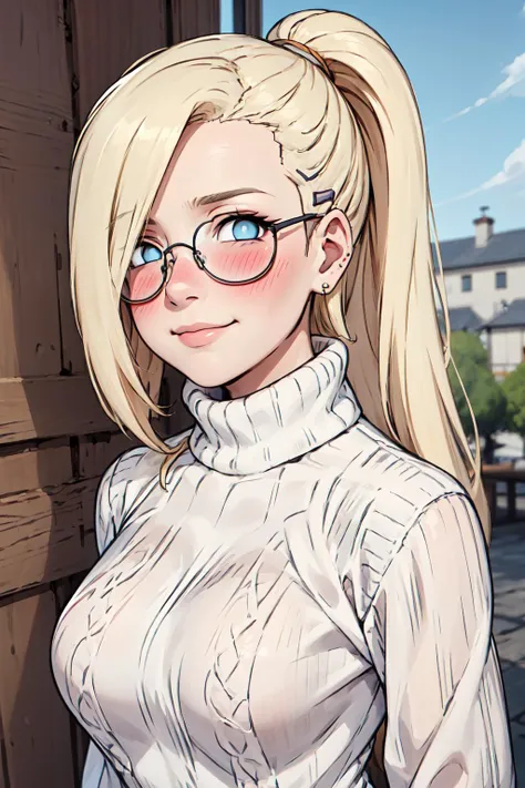 (masterpiece, best quality:1.3), yamanaka ino, (blush:1.2), smirk, looking at viewer, head tilt, standing, upper body, blonde hair, no pupil, blue eyes, (empty eyes:1.2), no pupils, (white pupils:1.1), earrings, solo, outdoors, blue sky, indirect lighing, (detailed, highres:1.2), <lora:Ino.Yamanaka:0.9> <lora:Concept_Empty.Eyes:1.6> round glasses, dress, sweater dress, turtleneck dress, <lora:Function_Hair.Detailer:0.5> <lora:Function_Add.Detail:0.2>