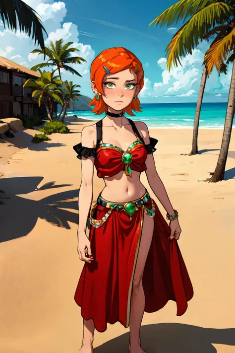 (masterpiece, best quality:1.3), 1girl, <lora:Character_Ben.10_Gwendolyn.Tennyson:0.8> gwendolyn_tennyson, upper body, green eyes, orange hair, hairclip, short hair, looking at viewer, solo, embarrassed, raised eyebrows, standing
hoop earrings, outdoors, palm tree, sand, beach, (detailed, highres:1.2), <lora:Function_Better.Hands:1> black choker, <lora:Concept_Makeup.Egirl:0.5> egirlmakeup, <lora:Outfit_Egyptian.Belly.Dancer:0.6> 3gypt1anb3llyD, midriff, barefoot,  dancer, red belly dancer