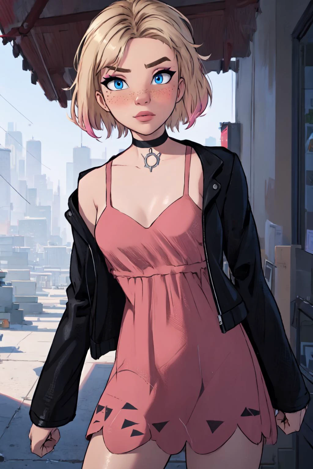 sgwen, realistic, realism, photorealism, photo-realistic, high contrast, (perfect female figure), 8k high definition detailed realistic, (best quality, masterpiece:1.2), photon mapping, radiosity, physically-based rendering, best quality, highly detailed, volumetric lighting, ray tracing BREAK
<lora:Gwen.Stacy:0.8> gwen stacy, collarbone, 1girl, solo, blue eyes, looking at viewer, blonde hair, undercut, asymmetrical hair, short hair, eyeliner, freckles, looking at viewer, embarrassed, blush, lips, standing, outdoors, <lora:Concept_Makeup.Egirl:0.6> egirlmakeup, <lora:Concept_Colored.Tips:0.8> IncursioDipDyedHair, soft pink IncursioDipDyedHair, <lora:Outfit_Marnie.Costume:0.8> marnie_outfit, dress, pink dress, jacket, black jacket, open jacket, choker, black choker, collar, <lora:Function_Better.Hands:1.1>