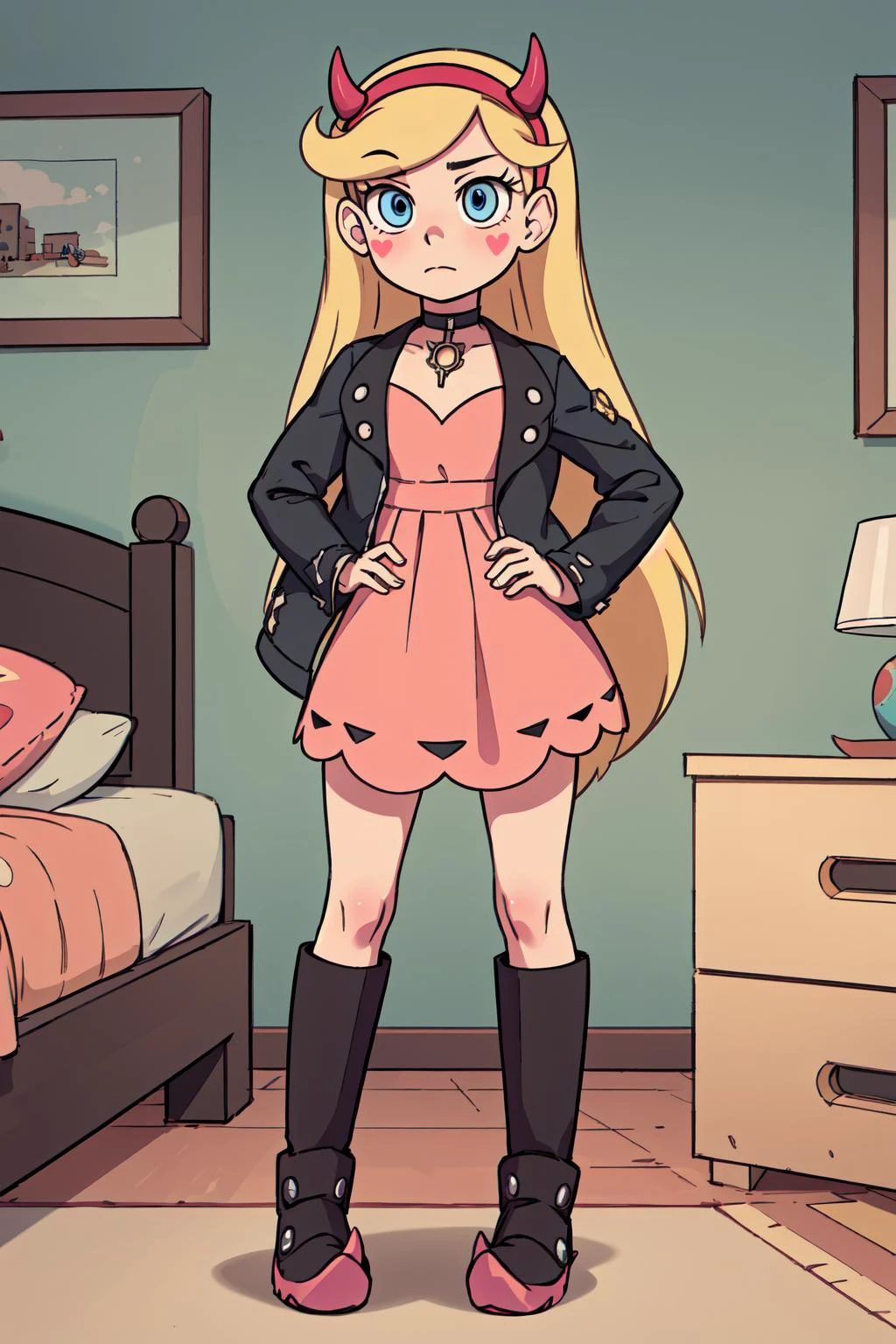 masterpiece, best quality, starbutterfly, embarrassed, blush, standing, hands on hips, 1girl, blonde hair, horned headwear, hairband, long hair, solo, blue eyes, facial mark, very long hair, blush stickers, looking at viewer, indoors, bedroom, <lora:Star.Butterfly:0.6> <lora:Outfit_Marnie.Costume:0.8> marnie_outfit, dress, pink dress, jacket, black jacket, open jacket, boots, ankle boots, black footwear, choker, black choker, collar