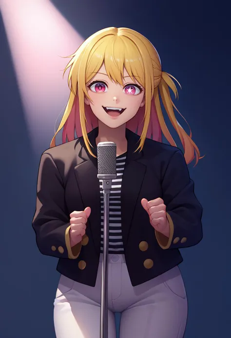 score_9, score_8_up, score_7_up, solo, 1girl, rubyhoshdef, IncrsNeverGonnaGiveUUp, smile, looking at viewer, open mouth, microphone stand, upper body, black jacket, striped shirt, suit, open jacket, one side up, mismatched pupils, star-shaped pupils, white pants, spotlight <lora:oshinoko_rubyhoshino_ponyXL-000006:1> <lora:NeverGonnaGiveYouUp_XLPD:1>