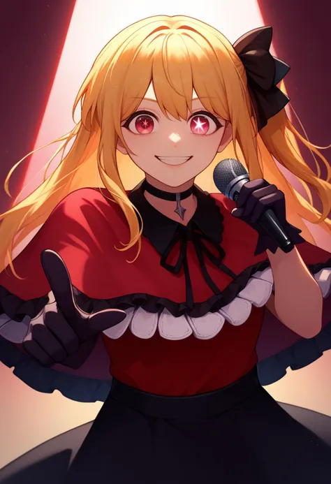 score_9, score_8_up, score_7_up, solo, 1girl, rubyhoshidol, smile, singing, looking at viewer, pointing at viewer, holding microphone, one side up, hair ribbon, black ribbon, mismatched pupils, star-shaped pupils, frills, red capelet, frilled capelet, red shirt, black bow, neck ribbon, black gloves, frilled gloves, black skirt, black choker, spotlight <lora:oshinoko_rubyhoshino_ponyXL-000006:1>