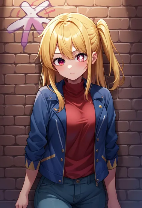 score_9, score_8_up, score_7_up, source_anime BREAK 
rubyhoshdef, one side up, mismatched pupils, star-shaped pupils, neon shirt, open jacket, turtleneck sweater, night, against wall, brick wall, graffiti, dim lighting, alley, looking at viewer,