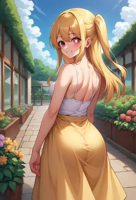 score_9, score_8_up, score_7_up, source_anime BREAK 
rubyhoshdef, one side up, mismatched pupils, star-shaped pupils, from behind, pink sundress, garden, day, sunshine, smile, looking back,