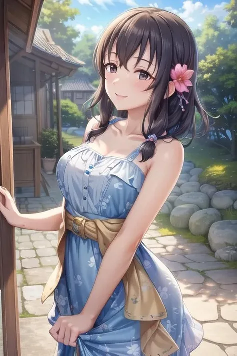 <lora:Fujiwara_Hajime:0.8>
8k, (ultra-detailed eyes:1.1), ultra-detailed, extremely detailed CG, (masterpiece:1.4), (best quality:1.4), extremely detailed CG, (post processing:1.4), (extremety fine and beautiful:1.4), (soft illumination:1.0), (soft color:1.0), (soft volumetric lighting:1.1), (soft shadows), highres,
dynamic pose, cowboy shot, nsfw,
16 years old, fujiwara hajime, blush, medium breasts, medium hair, black hair, black eyes, dress, one piece dress, light blue dress, floral_print, flower, hair_flower, hair_ornament, summer, outdoors, smile, bare neck,  collarbone, sleeveless, sleeveless dress, bangs, bare shoulders,
