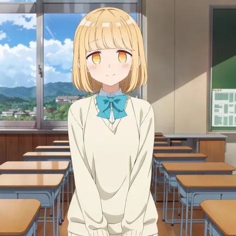 <lora:YuiHatimitu001:0.7>,<lora:add_detail:0.5>,
YuiHatimitu,1girl,
blonde hair,
school uniform,collared shirt,bowtie,sweater,
pleated skirt,classroom,sunshine,