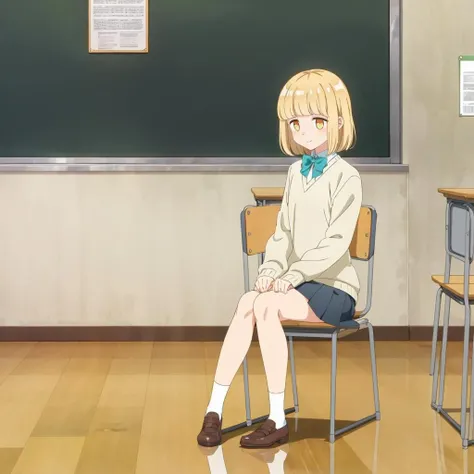 <lora:YuiHatimitu001:0.7>,<lora:add_detail:0.5>,solo,
YuiHatimitu,1girl,
blonde hair,
school uniform,collared shirt,bowtie,sweater,
full body,
pleated skirt,classroom,sunshine,sitting,chair,