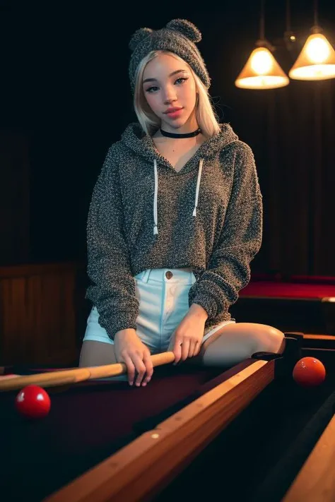DEN_alice_delish,
playing snooker in a dark atmospheric pool hall wearing casual clothing and a hoodie, atmospheric, snooker, cue, playing snooker, leaning over the table,
bokeh, f1.4, 40mm, photorealistic, raw, 8k, textured skin, skin pores, intricate details  <lora:epi_noiseoffset2:1>, epiCRealism <lora:ClothingAdjuster3:-0.8>