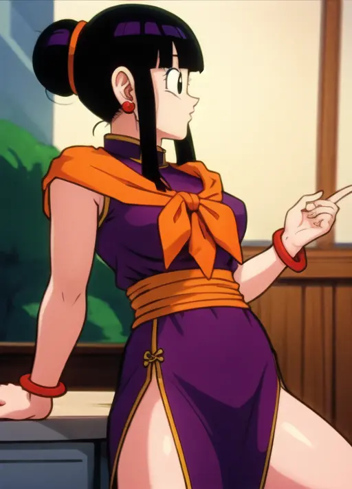 masterpiece, best quality, highest quality, photorealistic, perfect anatomy, perfect face, perfect eyes,
<lora:chichi_ex_03:0.9>, dbzch1ch1, sidelocks, bangs, single hair bun, hair bun, (black eyes), orange pashmina, red sphere earrings , red wristbands, purple cheongsam, profile