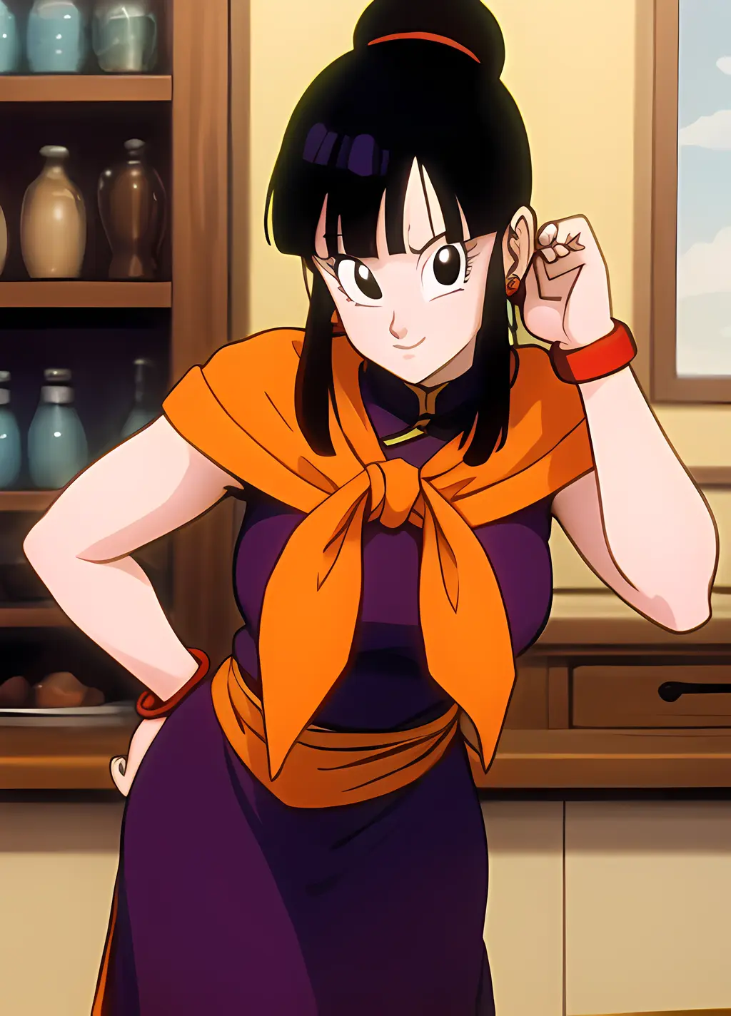 masterpiece, best quality, highest quality, photorealistic, perfect anatomy, perfect face, perfect eyes,
<lora:chichi_ex_03:0.9>, dbzch1ch1, sidelocks, bangs, single hair bun, hair bun, (black eyes), orange pashmina wrap, red sphere earrings , red wristbands, purple cheongsam, sexy pose