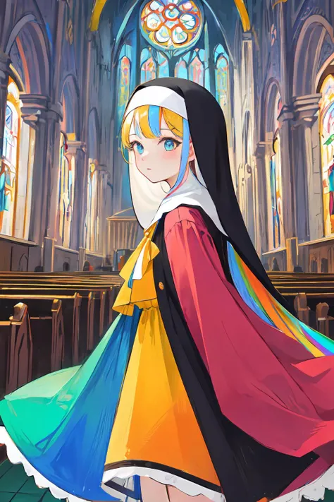 Polychrome, limited palette, colorful, scenery, 1girl, nun, multi colored hair, cowboy shot, rainbow, church indoors,
