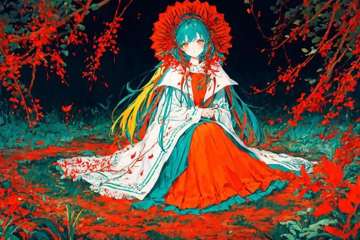 Polychrome, limited palette, colorful, scenery, 1girl, forest, night, red spider lily, multicolored hair, full body,, detailed background, masterpiece, best quality,