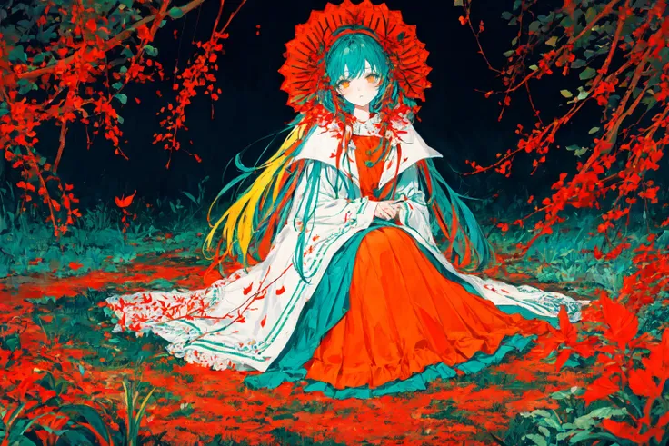 Polychrome, limited palette, colorful, scenery, 1girl, forest, night, red spider lily, multicolored hair, full body,, detailed background, masterpiece, best quality,