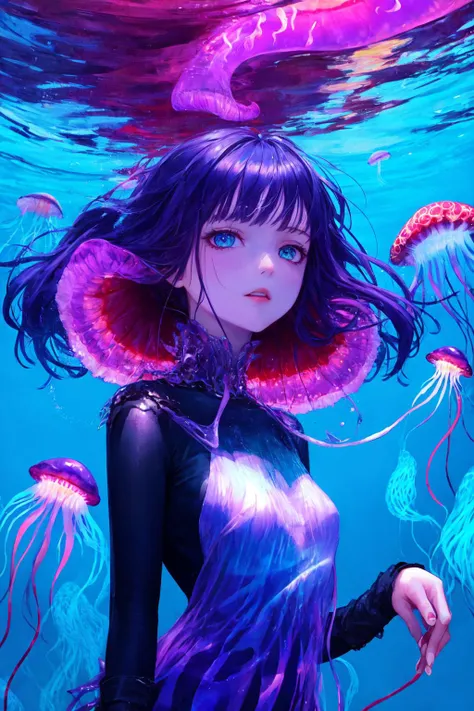 Polychrome, no humans, jellyfish, scenery, 1girl, upper body,