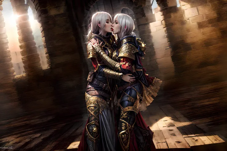 <lora:whsororitas:0.7>, <lora:properkissing_v1:1>, <lyco:GoodHands-beta2:1.0>,  <lora:add_detail:1.5>, ((Best quality)), ((masterpiece)), (highly detailed:1.3),(ultra highres:1.2), ((photorealistic:1.4)), ultra-detailed, cinematic rendering, ray tracing, whsororitas, extremely detailed realistic gothic church, warhammer 40k, (2Girls:1.5) two beautiful Girls properkissing, (French kissing:1.5) with tongues out, queen, very skinny, slender fit body, slim hips and waist short silver hair, flat chest, atmospheric lighting, ((energy, light particles)), setting sun, polished gold metal armor, [:(extremely detailed realistic beautiful face:1.2):0.2],detailed skin texture, (blush:0.5), (goosebumps:0.5), subsurface scattering,  nice hands, perfect hands, Photorealistic, Hyperrealistic, Hyperdetailed, analog style, hip cocked, demure, low cut, black lace, detailed skin, matte skin, soft lighting, subsurface scattering, realistic, heavy shadow, masterpiece, best quality, ultra realistic, 8k, golden ratio, Intricate, High Detail, film photography, soft focus