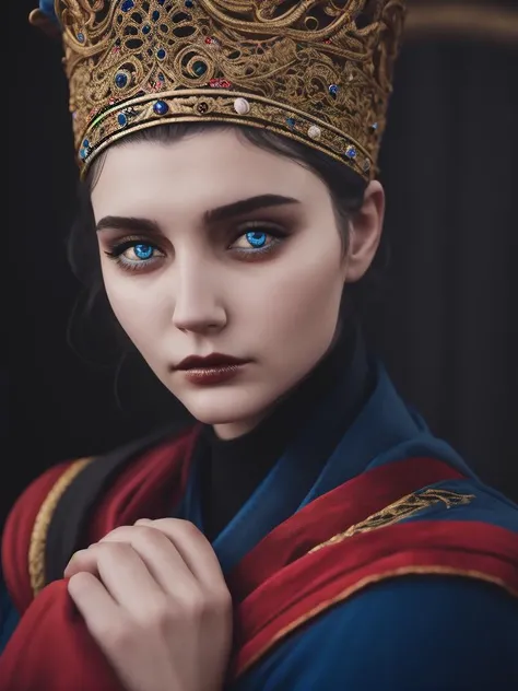 RAW photo, (high detailed skin, detailed eyes:1.1), intricate details, best quality, 8k uhd, 1girl, solo, Rennala, short black hair, blue eyes, ReDres,  jewelry, blue robe, long crown, long sleeves, wide sleeves, sad expression, tall woman <lora:Rennala:0.8>