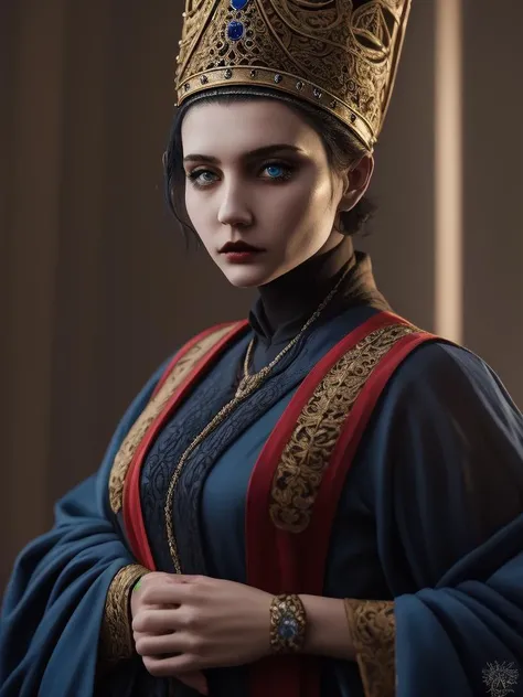 RAW photo, (high detailed skin, detailed eyes:1.1), intricate details, best quality, 8k uhd, 1girl, solo, Rennala, short black hair, blue eyes, ReDres, jewelry, blue robe, long crown, long sleeves, wide sleeves, sad expression, tall woman <lora:Rennala:0.8>