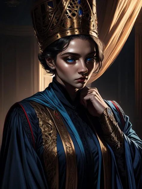 RAW photo, (high detailed skin, detailed eyes:1.1), intricate details, best quality, 8k uhd, Rennala, short black hair, blue eyes, sad expression, tall woman, ReDres, jewelry,blue robe,long crown,long sleeves, wide sleeves <lora:Rennala-10v3:0.7>