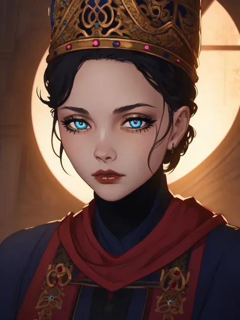 RAW photo, (high detailed skin, detailed eyes:1.1), intricate details, best quality, 8k uhd, 1girl, solo, Rennala, short black hair, blue eyes, ReDres,  jewelry, blue robe, long crown, long sleeves, wide sleeves, sad expression, tall woman <lora:Rennala:0.8>