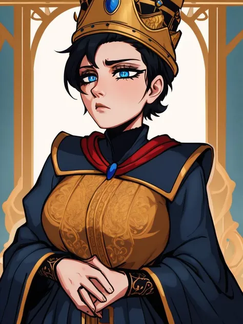 RAW photo, (high detailed skin, detailed eyes:1.1), intricate details, best quality, 8k uhd, 1girl, solo, Rennala, short black hair, blue eyes, ReDres,  jewelry, blue robe, long crown, long sleeves, wide sleeves, sad expression, tall woman <lora:Rennala:0.8>