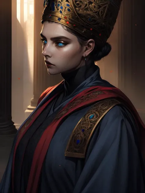 RAW photo, (high detailed skin, detailed eyes:1.1), intricate details, best quality, 8k uhd, 1girl, solo, Rennala, short black hair, blue eyes, ReDres, jewelry, blue robe, long crown, long sleeves, wide sleeves, sad expression, tall woman <lora:Rennala:0.8>