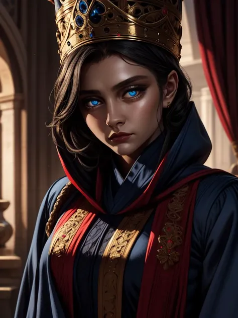 RAW photo, (high detailed skin, detailed eyes:1.1), intricate details, best quality, 8k uhd, Rennala, short black hair, blue eyes, sad expression, tall woman, ReDres, jewelry,blue robe,long crown,long sleeves, wide sleeves <lora:Rennala-10v3:0.7>
