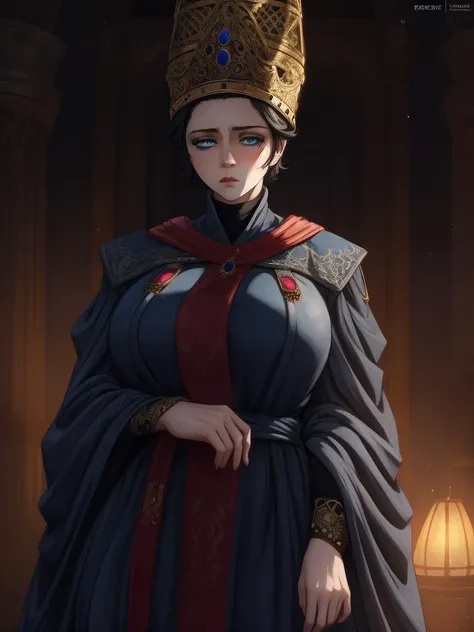 RAW photo, (high detailed skin, detailed eyes:1.1), intricate details, best quality, 8k uhd, 1girl, solo, Rennala, short black hair, blue eyes, ReDres, jewelry, blue robe, long crown, long sleeves, wide sleeves, big bulge, sad expression, tall woman <lora:Rennala:0.8>