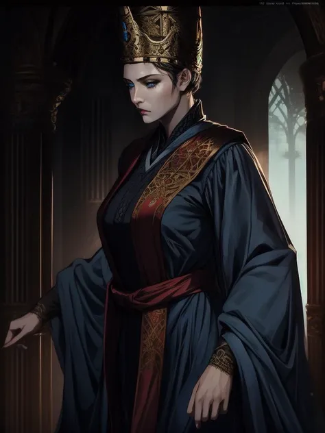 RAW photo, (high detailed skin, detailed eyes:1.1), intricate details, best quality, 8k uhd, 1girl, solo, Rennala, short black hair, blue eyes, ReDres,  jewelry, blue robe, long crown, long sleeves, wide sleeves, sad expression, tall woman <lora:Rennala:0.8>