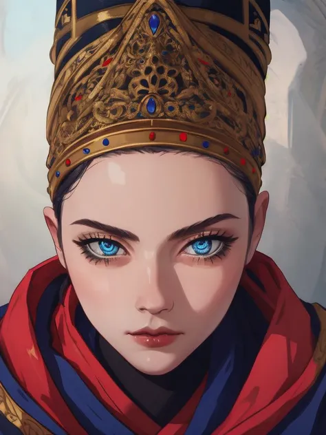 RAW photo, (high detailed skin, detailed eyes:1.1), intricate details, best quality, 8k uhd, 1girl, solo, Rennala, short black hair, blue eyes, ReDres, jewelry, blue robe, long crown, long sleeves, wide sleeves, sad expression, tall woman <lora:Rennala:0.8>