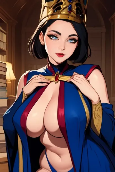 Rennala,short black hair,blue eyes,  upperbody,  looking at viewer,  light smile,  floating, 
ReDres,jewelry,blue robe,long crown,long sleeves, wide sleeves, tall woman,   open clothes,  blue bikini, 
library,  magical, dark room, moonlight, 
(insanely detailed, beautiful detailed face, masterpiece, detailed eyes, best quality),realistic, cleavage cutout,  leaning forward, 
 <lora:Rennala-10v3:0.7>