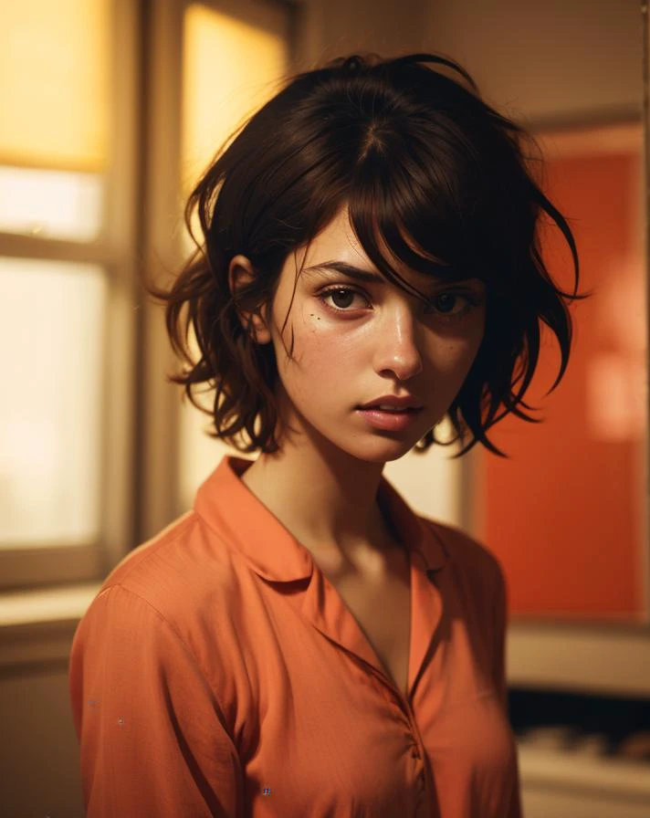 film, 1girl, solo, messy hair, realistic, short hair, blurry, upper body, looking at viewer, scar, brown hair, lips, pajamas, brown eyes, parted lips, black hair