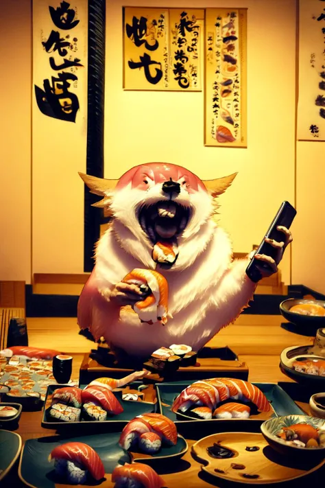 <lora:YaeMikoFox:0.8> YaeMikoFox, no humans, multiple tails, pink fox <lora:eatingSushi:0.8> restaurant,open mouth,tongue,food,makizushi,seafood,smirk,eating,laughing,constricted pupils,evil grin,shouting,(((indoors,sushi, food, smartphone, talking on phone,holding phone))),